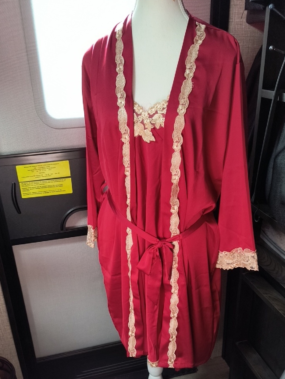 Satin Lace-Trim Robe and Chemise Set in Red with Cream Lace